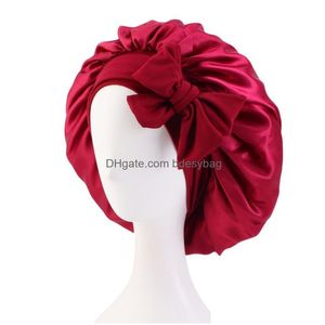 Beanie/Skull Caps Tinta unita Raso Banda larga Bowknot Cappello da notte Per le donne Ragazza Elastico Sonno Cofano Cura dei capelli Copricapo Moda Accesso Dh7Fe