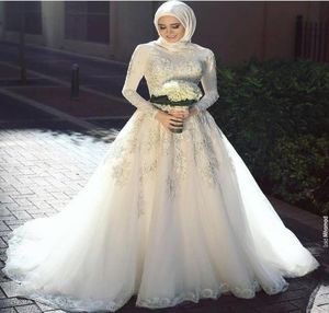 most popular Saudi Arabic Muslim Wedding Dresses Turkish High Neck Long Sleeves Lace Appliques Bridal Gowns Without Hijab Hochzeit6999249