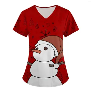 Women's T Shirts Christmas Scrubs Uniforms Women Clothing S-5XL Plus Size V-Neck Pocket Kort ärm Santa Claus Tops Xmas Nursing T-shirt