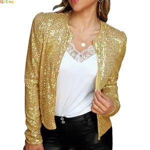 Gold Shiny Sequins Round Neck Cardigan Jacket Women Fashion Short Coat Silver Blue Nothing Red Outerwear Female Overcoat S-XXXL 240301