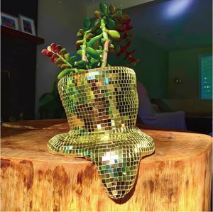 Prata derretendo bola de discoteca gotejamento plantador espelhado metálico decoração de casa derretido pote dourado mondern decorações de mesa jardinagem 240304