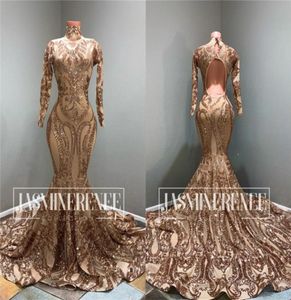 2020 Gold High Neck Mermaid Prom Dresses Sexig paljetterad långärmad aftonklänning med fjädrar Formell festklänning9443101