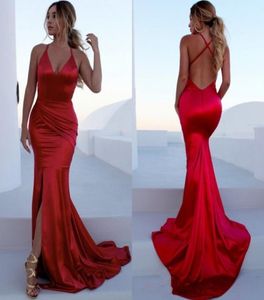 Gorgeous Red Mermaid Prom Dresses V Neck Pleated Satin Criss Cross Back Split Sexy Long Evening Dresses Formal Party Dresses1634899