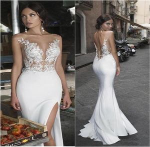 2021 SEXY SIDA SPLIT Wedding Dresses Beach Lace Appliques Illusion Beach Bridal Dress Satin Bohemian Wedding Formal Gown mantel We5162653