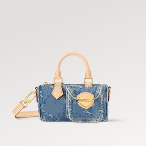 Explosion top Borsa a mano da donna M82950 in esclusiva digitale blu Nan o Spee dy, manici in denim lavato con pietra, borsa a spalla in tela di cotone, piccolo portafoglio con chiusura a tuck Global