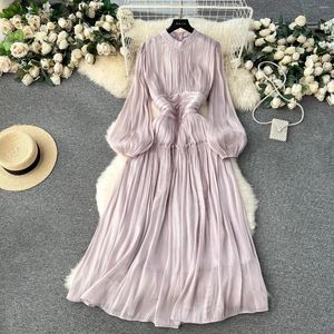 Casual Dresses 2024 Elegant Spring Organza Red Puff Sleeve Prom Long Dress Fashion Women Stand Collar Ruffles High Waist Party Clothes