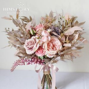 Flores de casamento Himstory vintage artificial empoeirado rosa buquês romântico peônias nupcial artesanal seda rosa noivas mão segurando flor203l