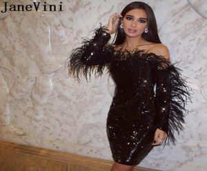 JaneVini Sparkling Black Sequined Evening Dresses With Feathers Sexy Long Sleeve Party Dresses Short Cocktail Dress Off Shoulder F2476656