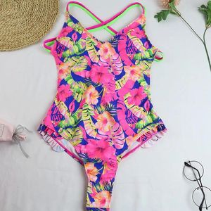 Mulheres Swimwear 2024 Sexy One Piece Swimsuit Mulheres Ruffled Dupla Cruz Straps V-Pescoço Flor Coco Árvore Impressão Banheira Terno Beachwear