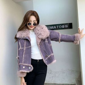 Motorcykel 2023 Haining Women's Winter New Rabbit Integrated True Lamb Fur Collar Leather Coat Short and Young 7824