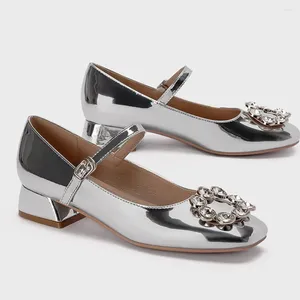 Sapatos de vestido 2024 boa qualidade dedo do pé quadrado metálico prata mary janes bombas mulheres moda salto confortável caminhada escritório senhora calçado