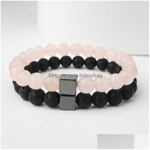 Beaded 8Mm Natural Lava Stone Handmade Strands Charm Bracelets Set For Women Men Lover Elastic Yoga Jewelry Drop Delivery Dhvqh