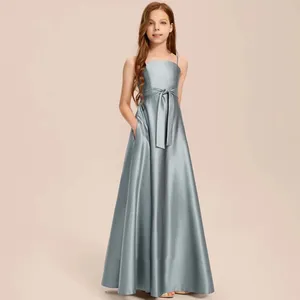 Flickklänningar Yzymanualroom Satin Junior Bridesmaid Dress Flower With Bow A-Line Square Floor Length 2-15T