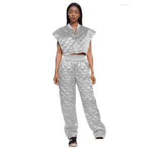 Womens Two Piece Pants Sier 2024 Autumn Winter Sets Outifits Sleeveless Cropped Jackets And Straight Matching Set Gold Drop Delivery A Otstl