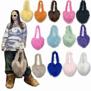 Peach Heart Shoulder Bag Furry Women Underarm Crossbody Purse Handväskor Tote J4T3#