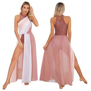 Stage Wear Womens Modern Lyrical Dance Performance Costume Ballet Gymnastics Leotards Dress Sleeveless Split Dresses Competition Dancewear