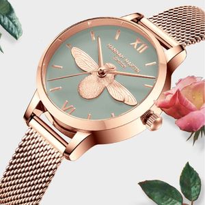 Hannah Martin Women Luxury Watch Rose Gold 31mm Classic Casual Girl Dress Bracelet Set 3D Engraved Bee Dial Clock 240305