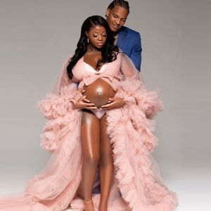 Шикарные румяно-розовые тюлевые халаты для беременных, женское прозрачное длинное пышное многоуровневое платье, одежда для сна с наложением для официальных мероприятий 2021251N