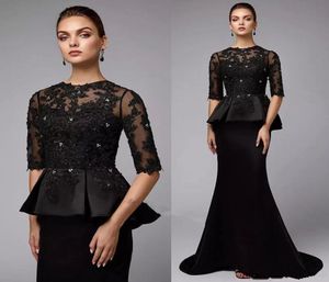 Vintage czarna syrena wieczorowe sukienki z peplum z koralikami Pół rękawowi Mother of the Bride Party Suknie