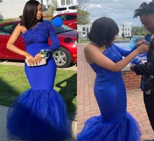 2019 Sexy Royal Blue Mermaid Evening Dresses One Shoulder Lace Appliques Tulle Black Girl Floor Length Plus Size Prom Dresses Part3930524