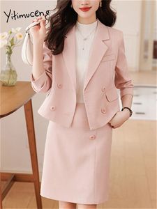 Yitimuceng Slim Women Suits Office Sets Fashion Vintage Long Sleeve Double Breasted Blazers Casual High Waist Mini 240226