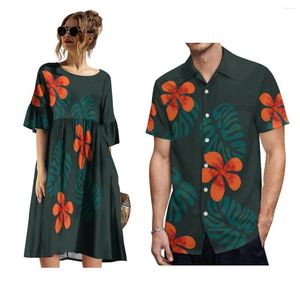 Sıradan Elbiseler Kadın O yaka fırfırlı midi kol diz uzunluğu elbise Hawaii Erkekler Fiji gömlek tropik tarzı çiftin kostüm maçı