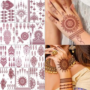 12 SheetsLot Waterproof Henna Tattoo Brown Henna Stickers for Hand Fake Tattoo Women Body Art Temporary Design Mehndi Stickers 240309