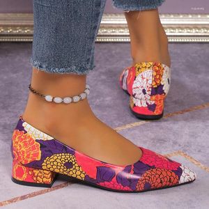 Sapatos de vestido plus size 43 bombas de salto baixo mulheres 2024 outono deslizamento em impressão floral senhoras rasas apontou toe festa de salto grosso