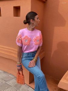 여자 반바지 패션 여성 3D 꽃 니트 스웨터 우아한 레이디 O 목록 슬리브 풀오버 탑 2024 세련된 여성 통근 거리
