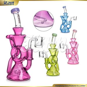 Hittn Hookahs Recycler Bong Glass DAB RIG RECYLER CONSAGGIO 8 POLLI CONTRO CON ACCESSORI BANGER QUARTO da 14 mm Blu viola rosa verde