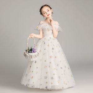 Adorável marfim estrela tule cintas chão vestidos da menina de flor vestidos para meninas pageant vestido de festa de aniversário tamanho personalizado 2-14214p