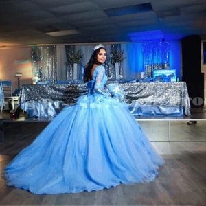 Abito da ballo principessa Abiti stile Quinceanera Manica lunga svasata Applicazioni in pizzo Rosa Blu Abito dolce 16 Abiti da ballo in tulle gonfio290t