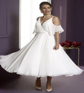 Simples chiffon a linha vestidos de casamento profundo decote em v frisado faixa barato vestidos de noiva comprimento chá curto dress2550287