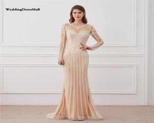 Luxury Long Sleeve Mermaid Evening Dress Champagne Bling Bling Arab Dubai Fully Crystal Beading Prom Party Gowns3562511