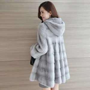 Haining New Women's Winter Mid Length Hooded Whole Mink Skin Coat 5069