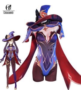 ROLECOS Gioco Genshin Impact Mona Costume Cosplay Mona Costume Cosplay Donne Sexy Tuta Halloween Tuta Cappello Scialle Set completo Y06291802