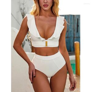 Kvinnors badkläder ruffle 2024 Bikini Set High Waist Swimsuit Women Push Up Female White Bathing Summer Beach Wear Swimming Swimming