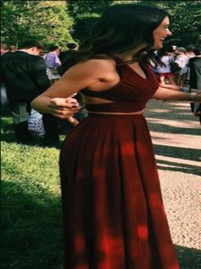 Gorgeous dark Red 2 pieces Prom Dresses v neck cut out waist Long Sexy Evening Gowns Chiffon Two Piece chiffon Formal Dress For Te5781005