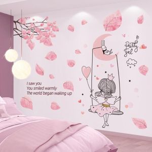 Adesivos de parede dos desenhos animados menina lua balanço diy árvore folhas mural decalques para crianças quartos crianças bebê quarto cozinha casa Decoration286r