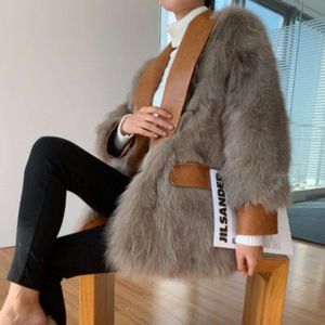 Korean haining 2023 Autumn/Winter Edition New Fox Hair Pu Fur Integrated Mid Length Imitation Leather Coat for Women 7628