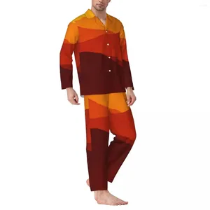 Homens sleepwear vermelho pôr do sol pijama homens montanhas imprimir romântico sono outono 2 peças vintage oversize padrão pijama conjuntos