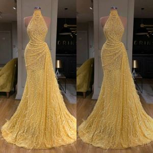 Popular Good Quality Glitter Mermaid Evening Dresses Sexy High-neck Sleeveless Sequins Feather Prom Dress Sweep Train Special Occasion Gowns