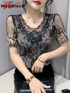 Women's T-Shirt MadBlack Summer European Clothes Tshirts Woman Sexy V Necks Crochet Lace Hot Drill Slim Tops Short Sle Tees New T34723M 240311