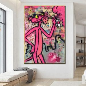 Dipinti Graffiti Pantera Rosa Pittura su tela Poster colorati e stampe Immagini di arte della parete di strada per soggiorno camera da letto Home316q