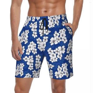 Pantaloncini da uomo Stampa floreale bianca Bordo estivo retrò floreale Hawaii Pantaloni corti da uomo che corrono da surf Comodo costume da bagno