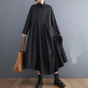 Casual Dresses 2024 Korea Style Patchwork Long Sleeve Black Green Autumn Blouse Dress Office Lady Work Women Spring Midi