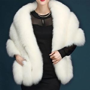 J60E Womens Luxurious Winter Faux Fur Scarf Collar Shrug Sexy V-Neck Shawl Wrap Stole Bridal Cloak Cape Cover Up for Wedding 240309