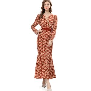 Women's Runway Dresses Sexy V Neck Long Sleeves Printed Elegant Designer Fashion Mermaid Vestidos