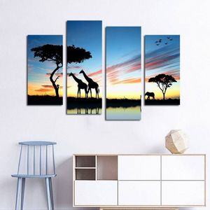 4st Set Unframed African Giraffe Silhouette Print på duk Väggkonstbild för hem- och vardagsrumsdekor250J