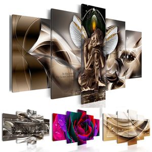 5PCS Set Fashion Wall Art Canvas Painting Abstract Metal Architecture Night Scene Colorful Rose Flowers the Buddha with Wings Mo219c